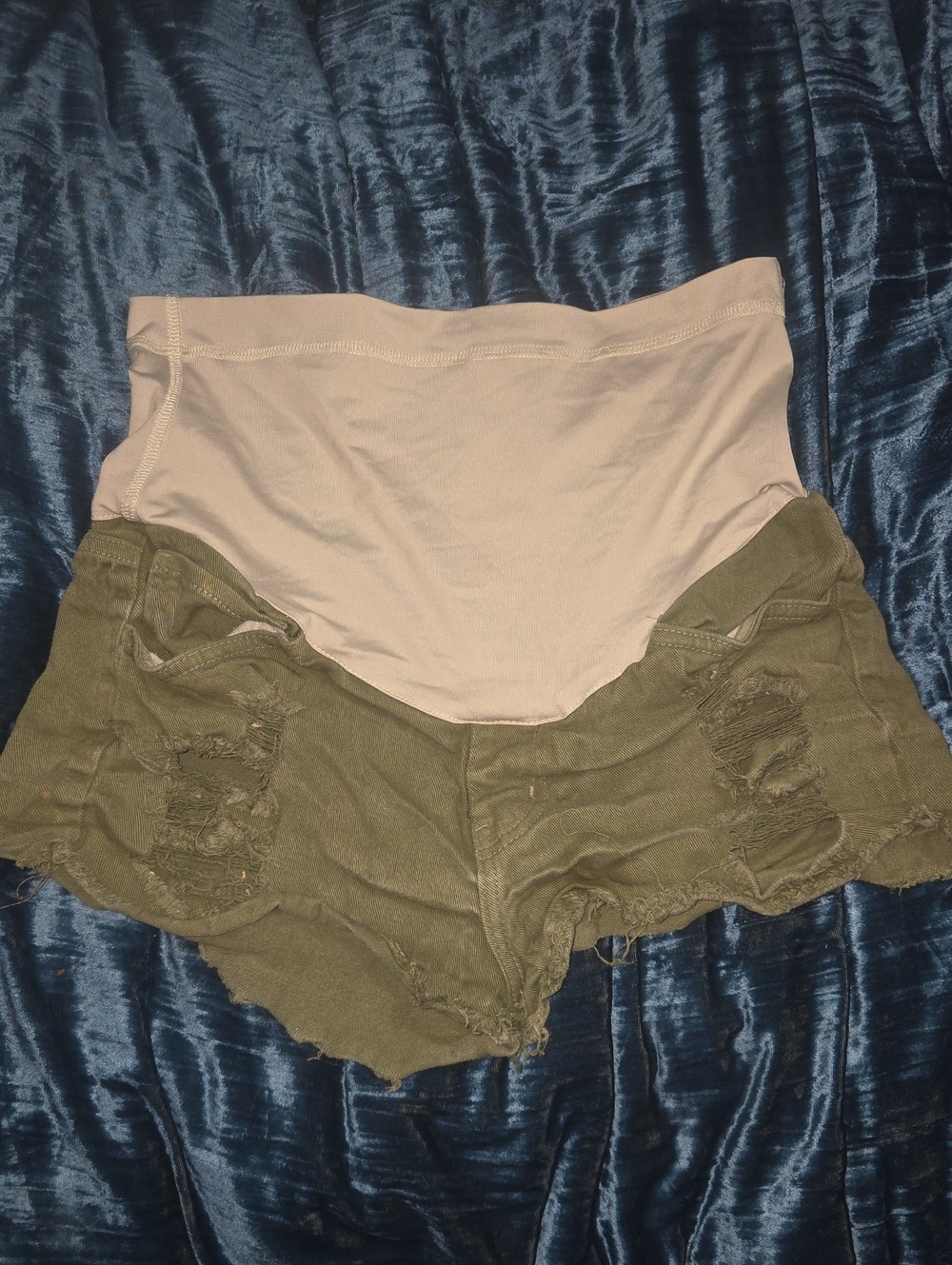 Women’s Maternity Olive Green Distressed Shorts with Beige Waistband